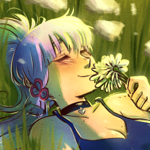 Digital painting of Ayaka from Genshin Impact smelling a flower in a grass field
