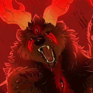 Digital painting of a bear with horns and eyes on his body