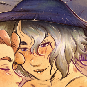 Page 1 of a comic between two mushroom queer ladies