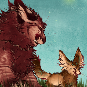 Digital painting de mes personnages Fauve et Kanaah dans leur forme d'esprits
