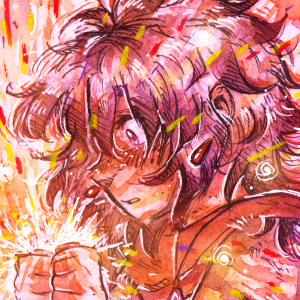 Watercolor of my character Gris holding an Eshkà