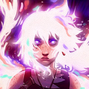 Digital painting de mon personnage Gris avec des cheveux brillants de mille couleurs