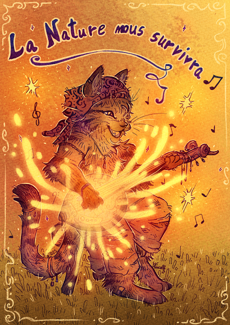 Dessin digital et traditionnel d'un chat jouant du banjo et chantant dans l'herbe